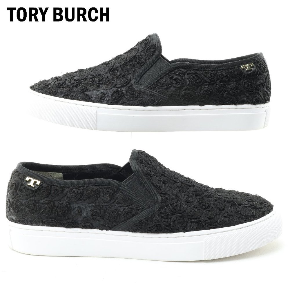 Tory Burch Rosette Slip-On Sneaker Flat • Women's 8M • Black White